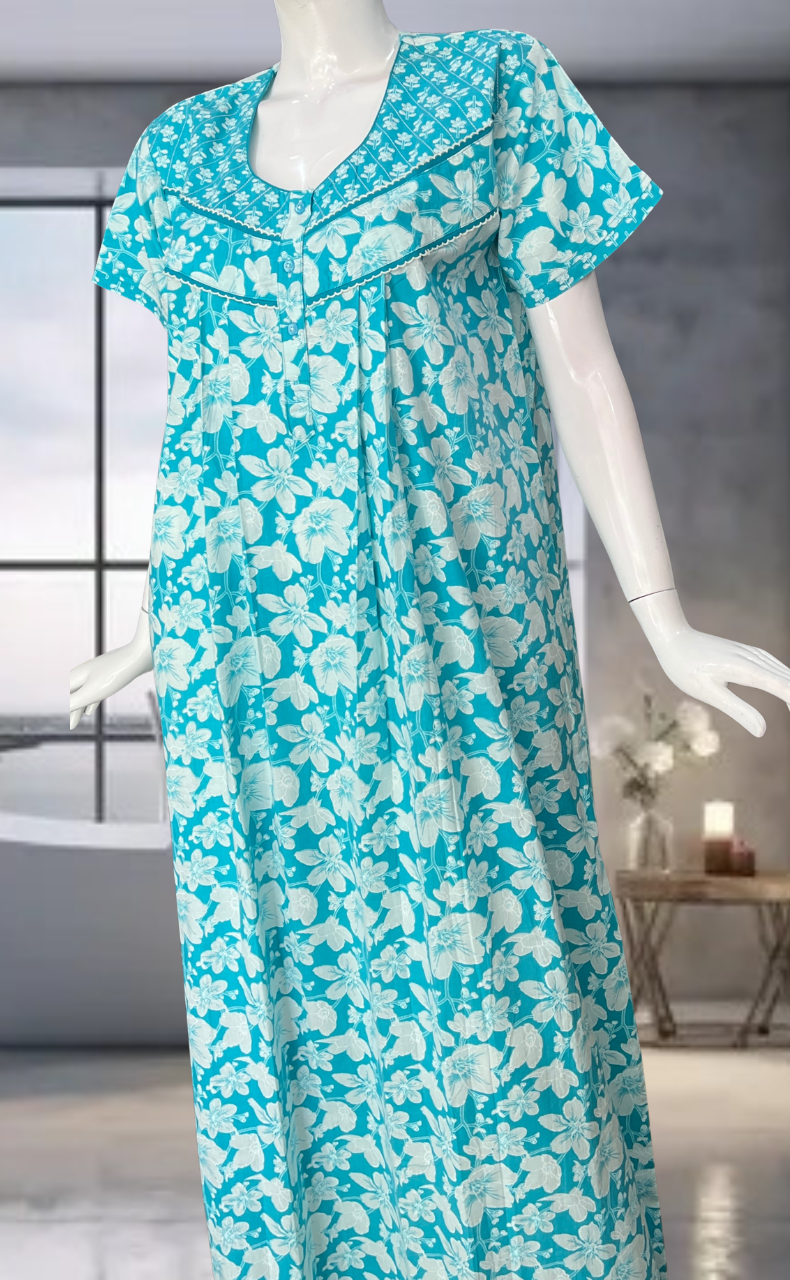 Sky Blue Garden Pure Cotton Nighty. Pure Durable Cotton | Laces and Frills