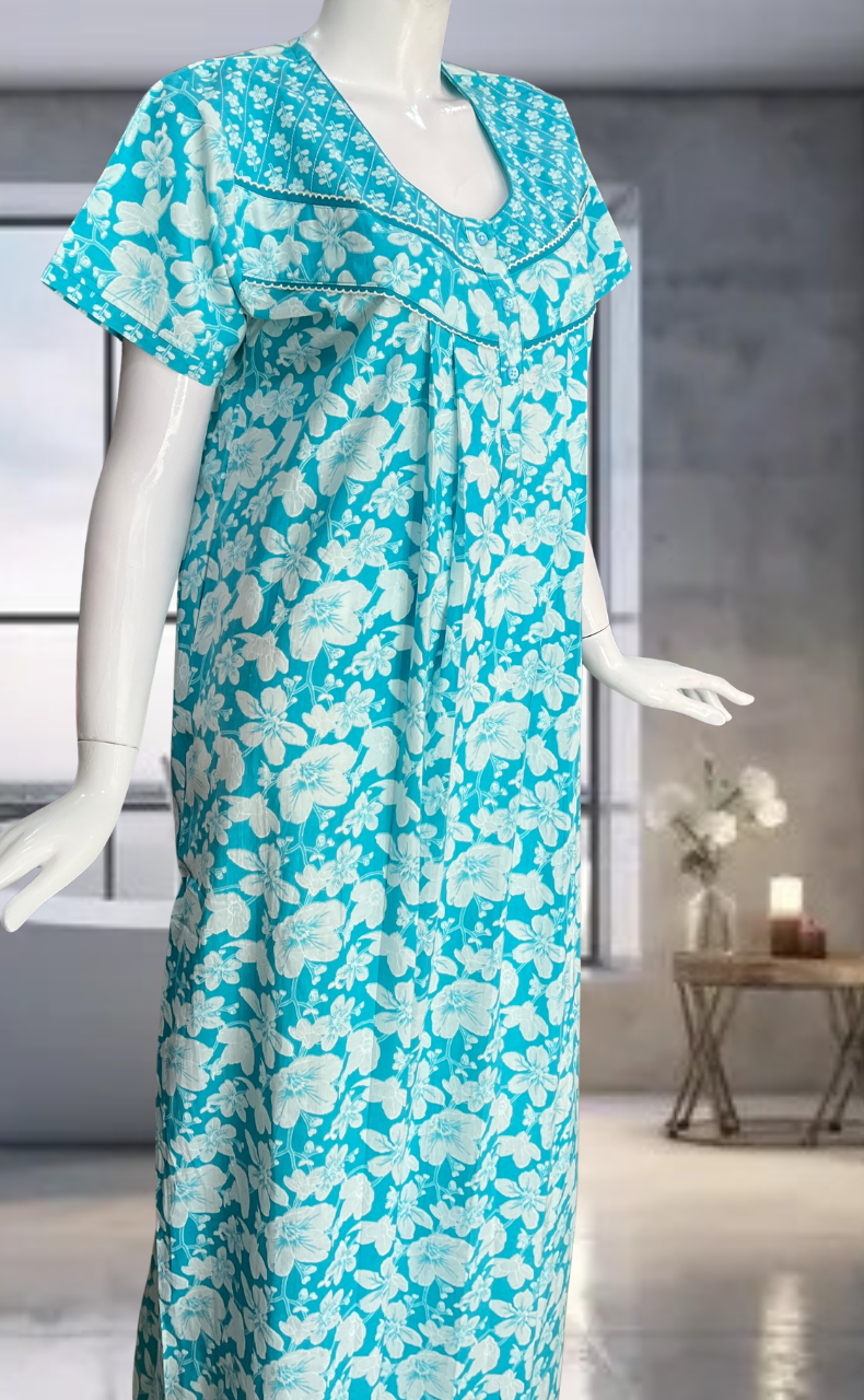 Sky Blue Garden Pure Cotton Nighty. Pure Durable Cotton | Laces and Frills