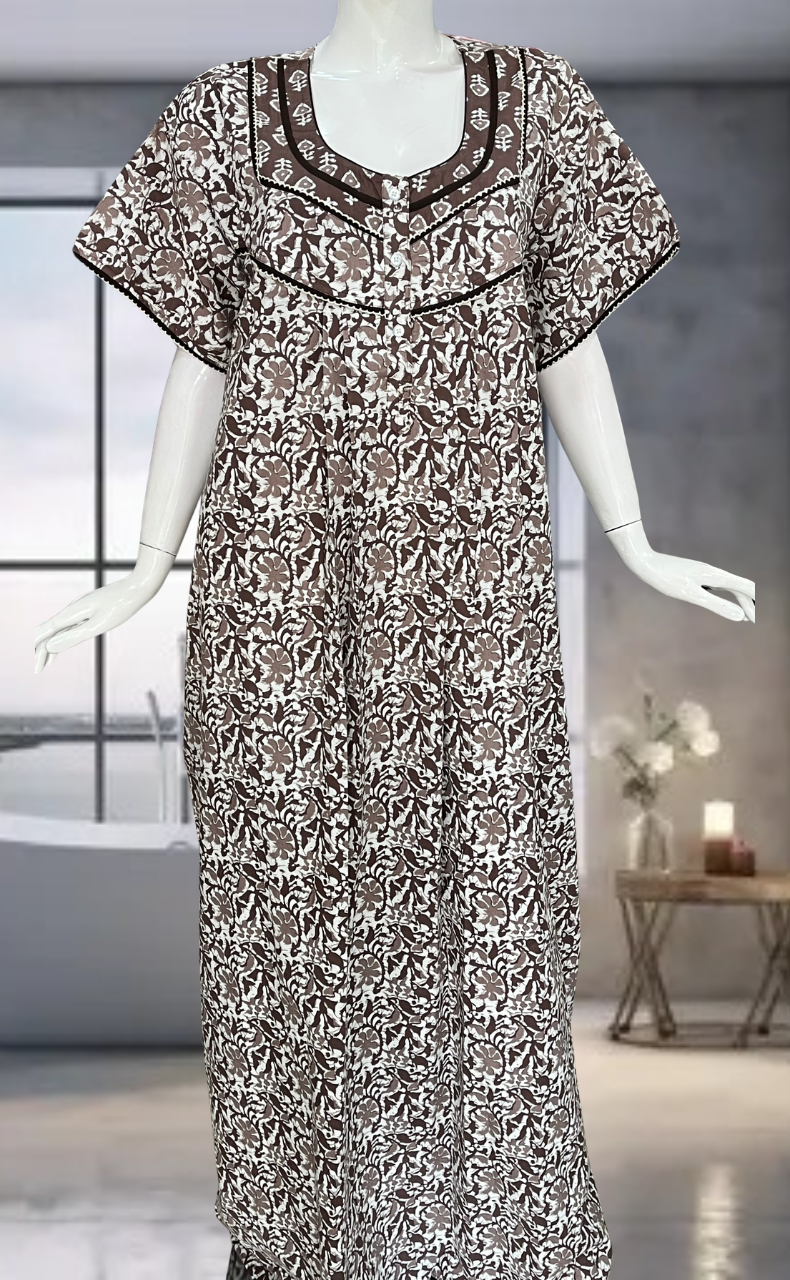 Brown Batik Pure Cotton Nighty. Pure Durable Cotton | Laces and Frills