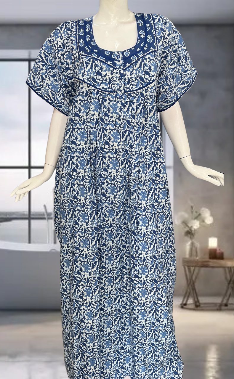 Blue Batik Pure Cotton Nighty. Pure Durable Cotton | Laces and Frills