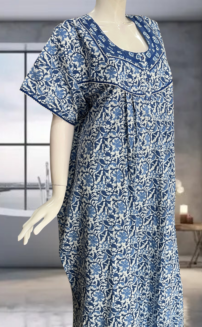 Blue Batik Pure Cotton Nighty. Pure Durable Cotton | Laces and Frills