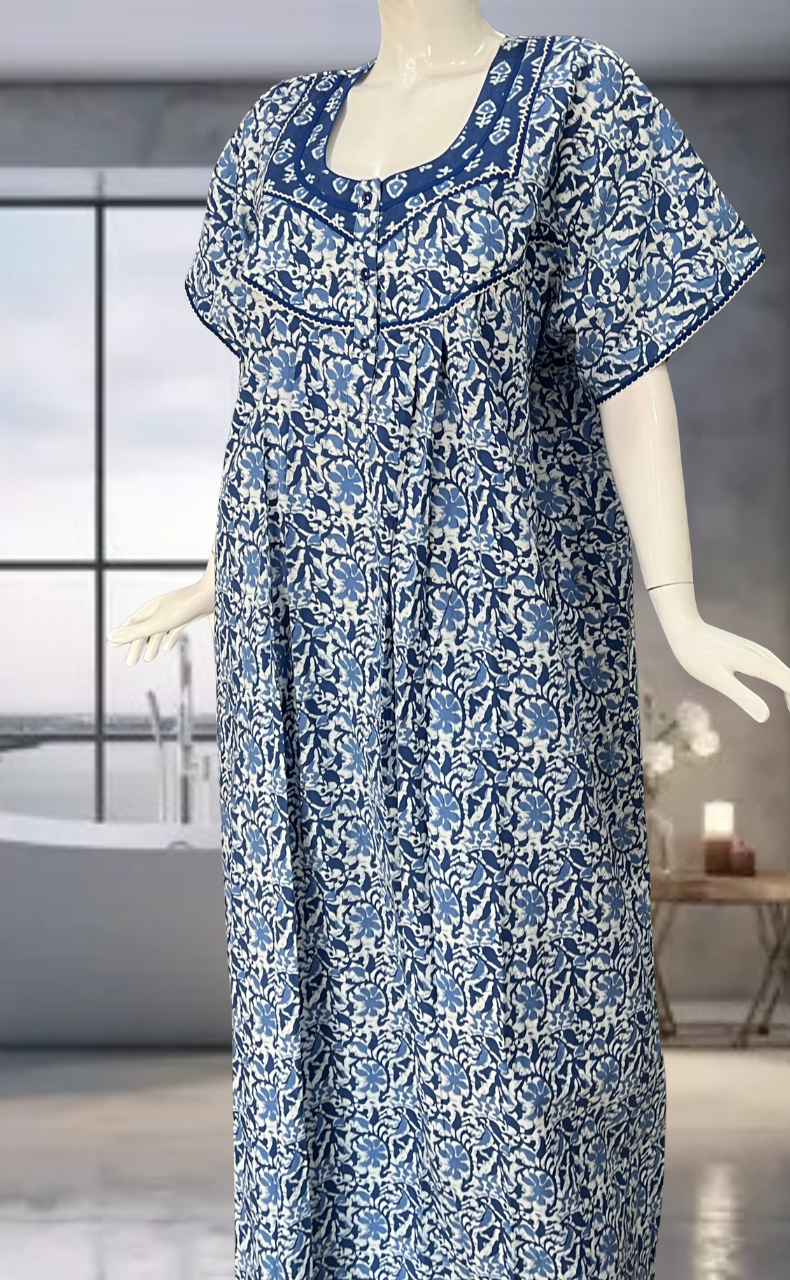 Blue Batik Pure Cotton Nighty. Pure Durable Cotton | Laces and Frills