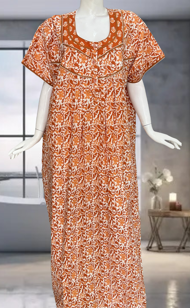 Rust Orange Batik Pure Cotton Nighty. Pure Durable Cotton | Laces and Frills