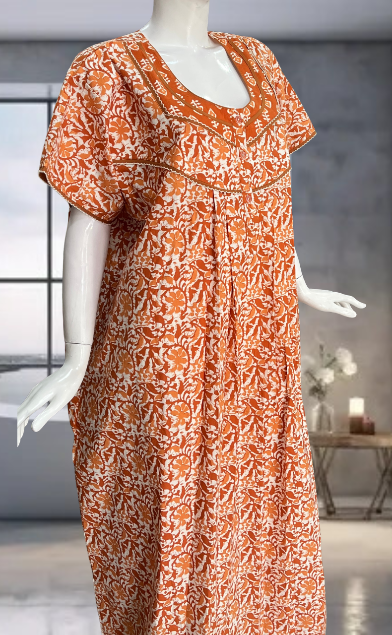 Rust Orange Batik Pure Cotton Nighty. Pure Durable Cotton | Laces and Frills