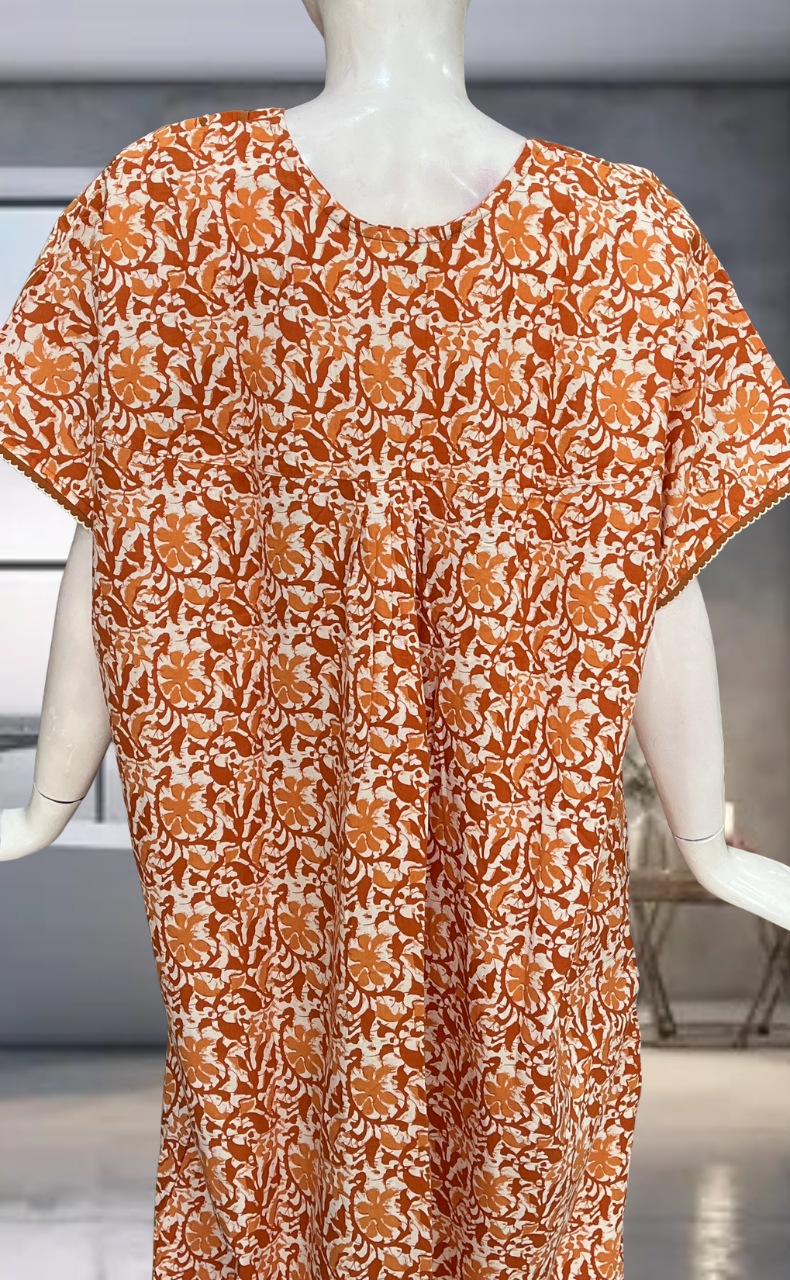 Rust Orange Batik Pure Cotton Nighty. Pure Durable Cotton | Laces and Frills