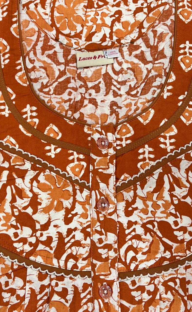 Rust Orange Batik Pure Cotton Nighty. Pure Durable Cotton | Laces and Frills