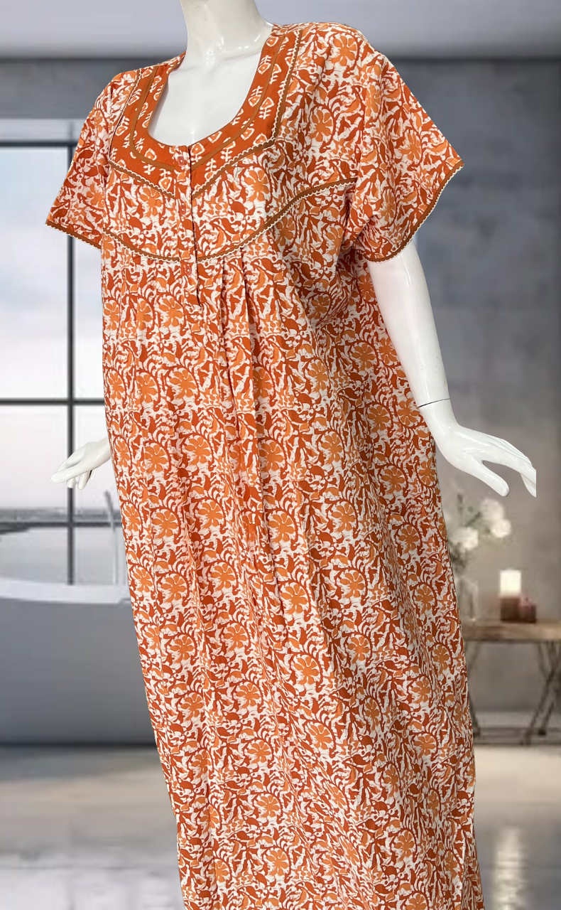 Rust Orange Batik Pure Cotton Nighty. Pure Durable Cotton | Laces and Frills
