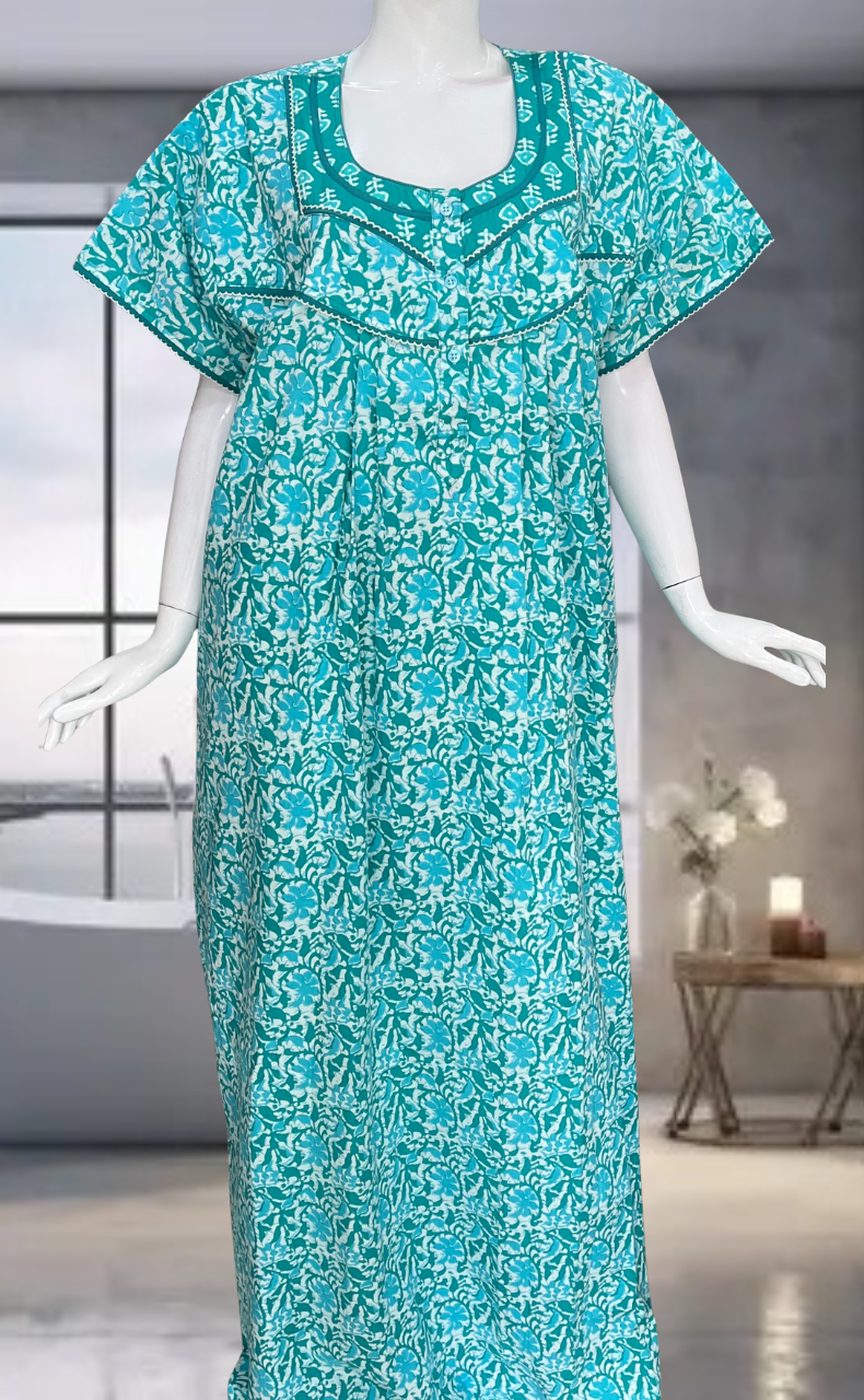 Sea Green Batik Pure Cotton Nighty. Pure Durable Cotton | Laces and Frills