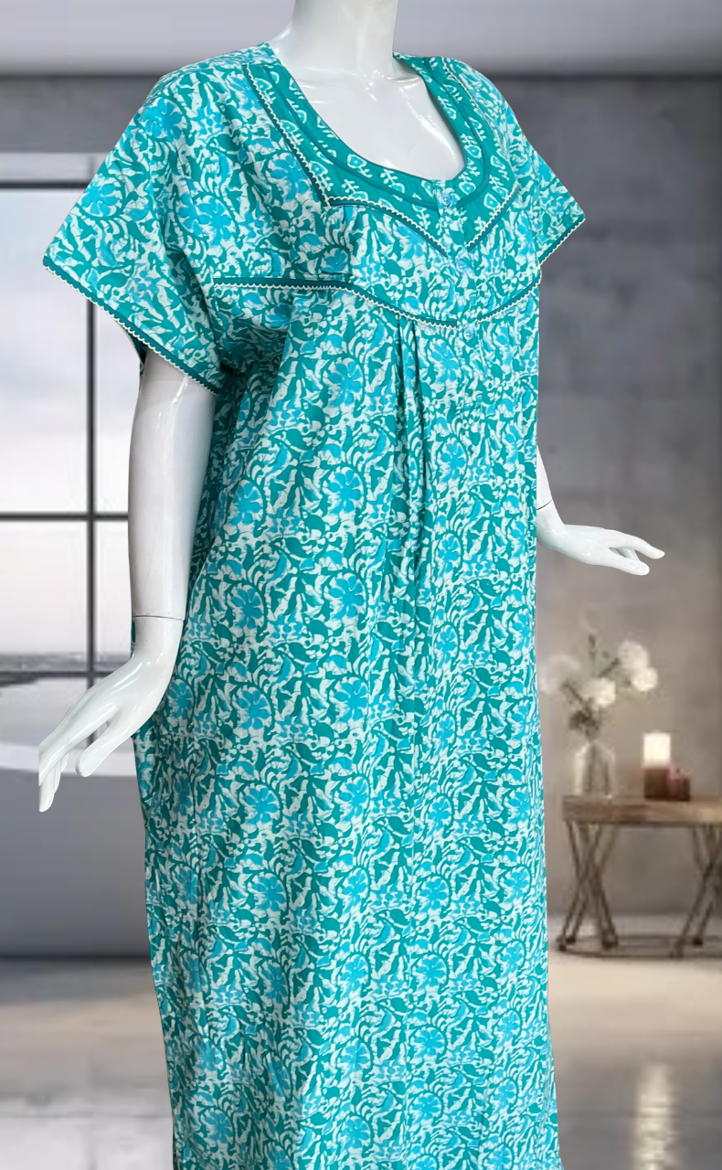 Sea Green Batik Pure Cotton Nighty. Pure Durable Cotton | Laces and Frills