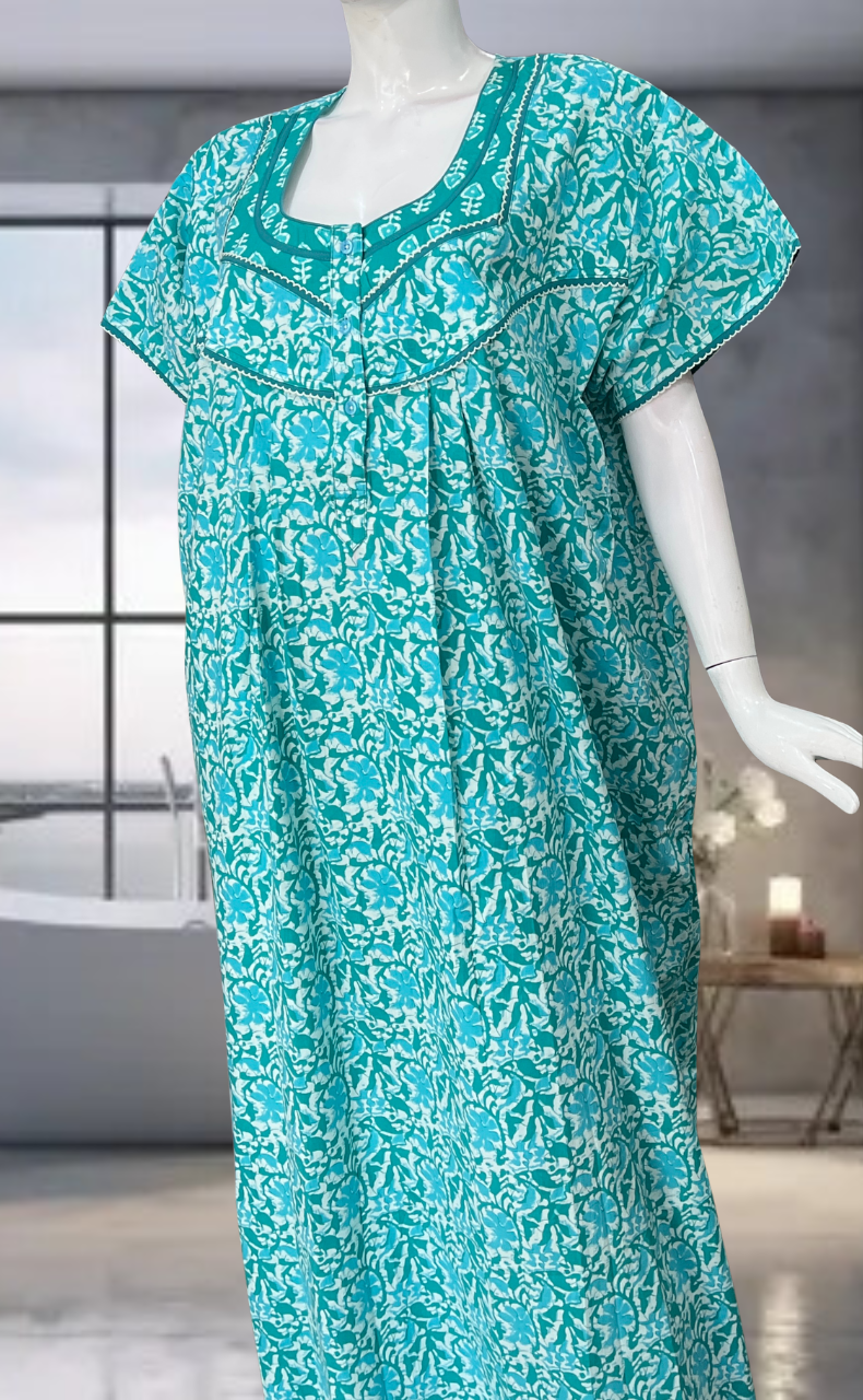 Sea Green Batik Pure Cotton Nighty. Pure Durable Cotton | Laces and Frills