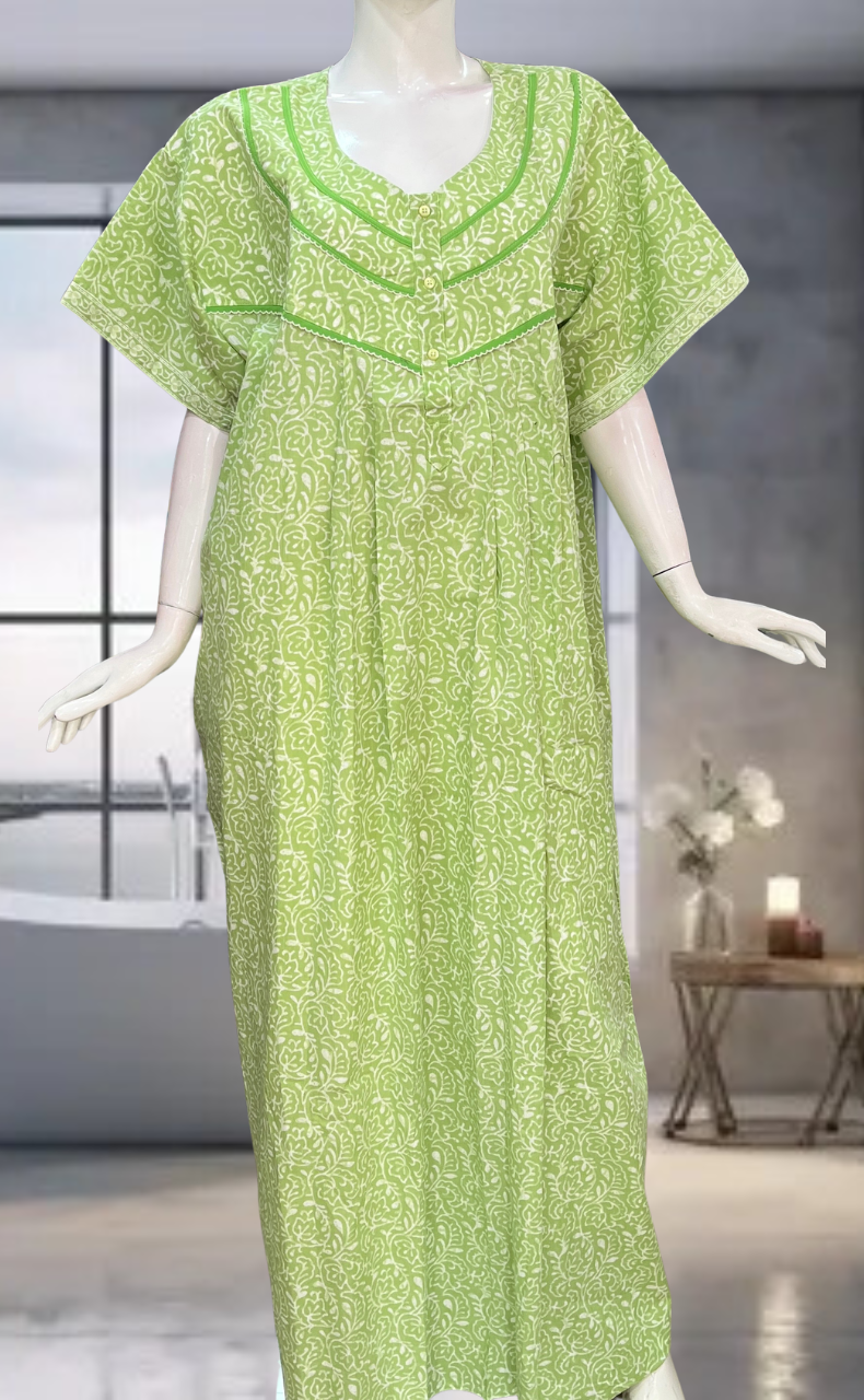 Pista Green Leafy Pure Cotton Nighty. Pure Durable Cotton | Laces and Frills