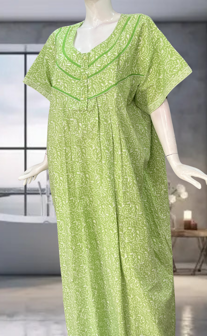 Pista Green Leafy Pure Cotton Nighty. Pure Durable Cotton | Laces and Frills