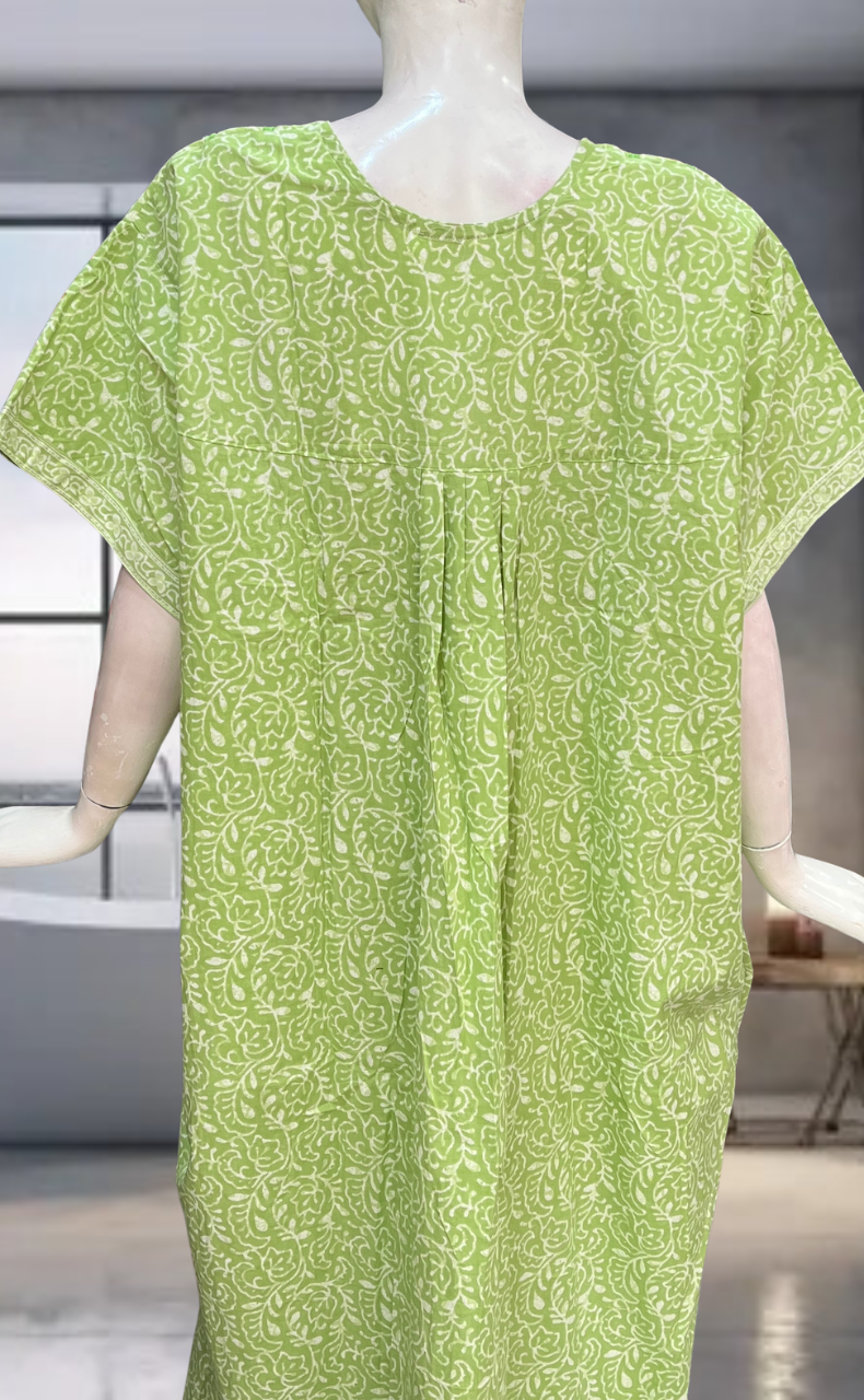 Pista Green Leafy Pure Cotton Nighty. Pure Durable Cotton | Laces and Frills