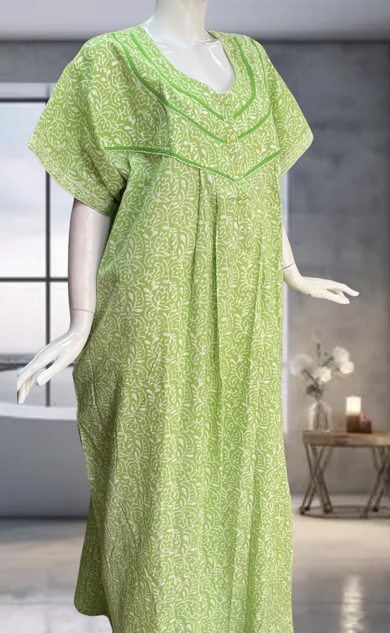 Pista Green Leafy Pure Cotton Nighty. Pure Durable Cotton | Laces and Frills
