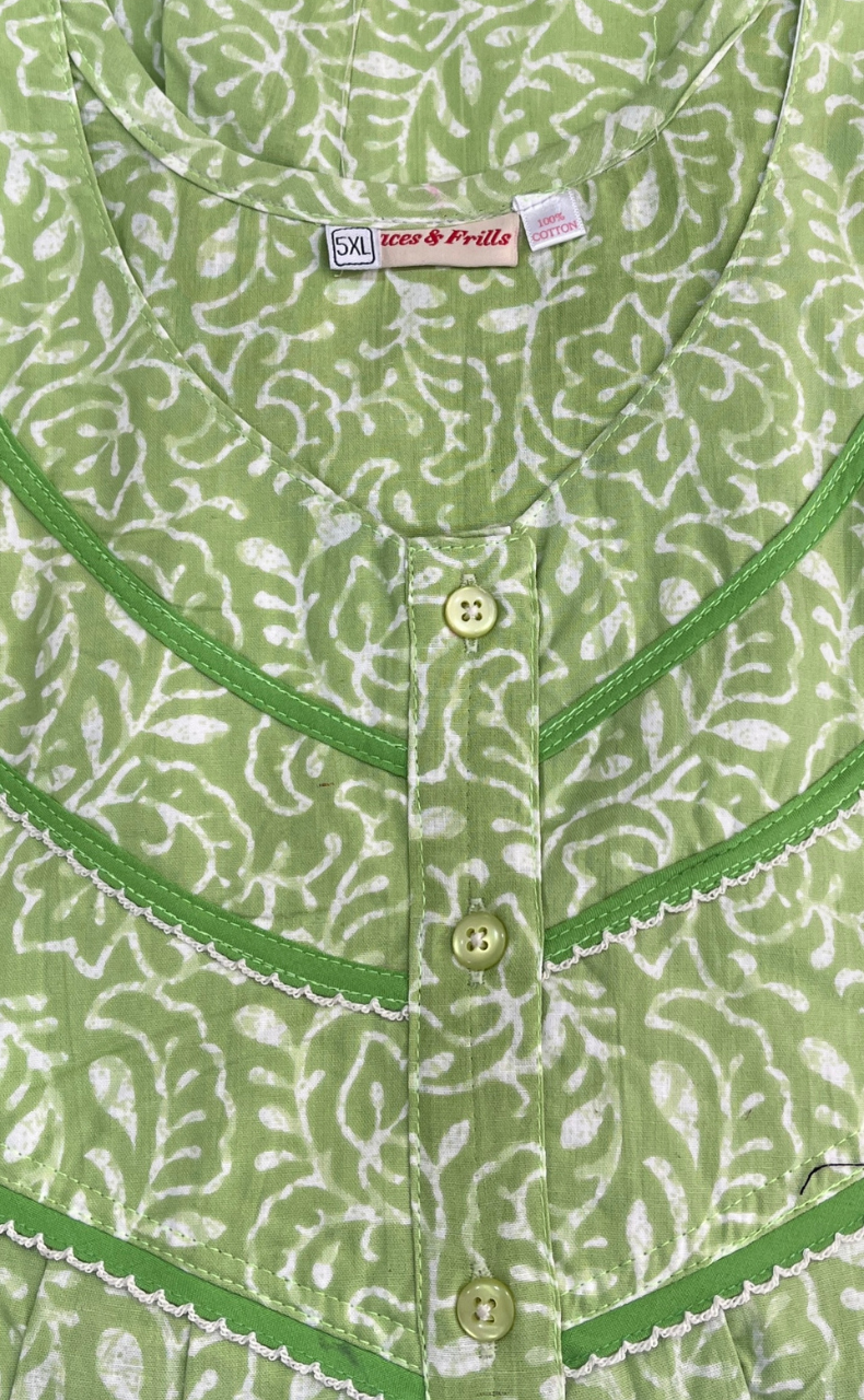 Pista Green Leafy Pure Cotton Nighty. Pure Durable Cotton | Laces and Frills