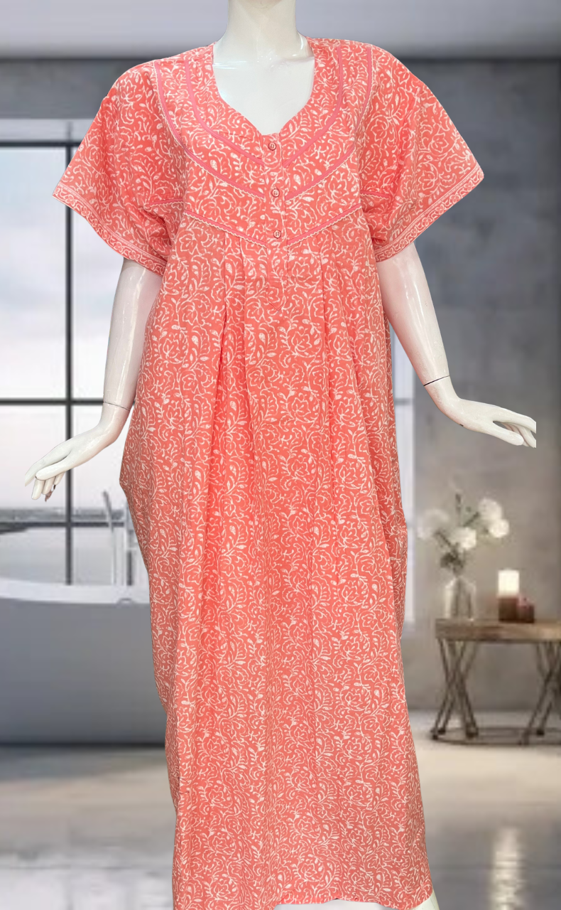 Peach Leafy Pure Cotton Nighty. Pure Durable Cotton | Laces and Frills