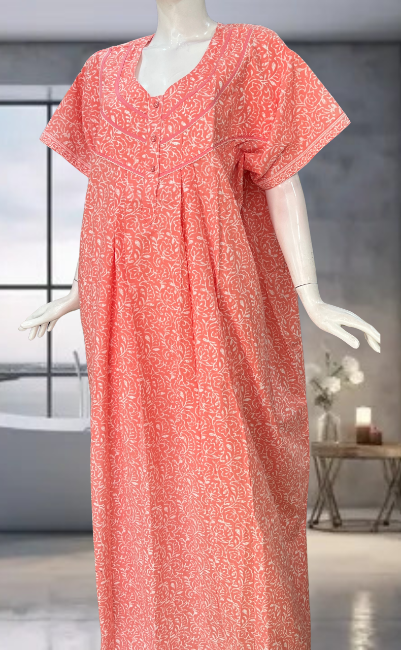 Peach Leafy Pure Cotton Nighty. Pure Durable Cotton | Laces and Frills