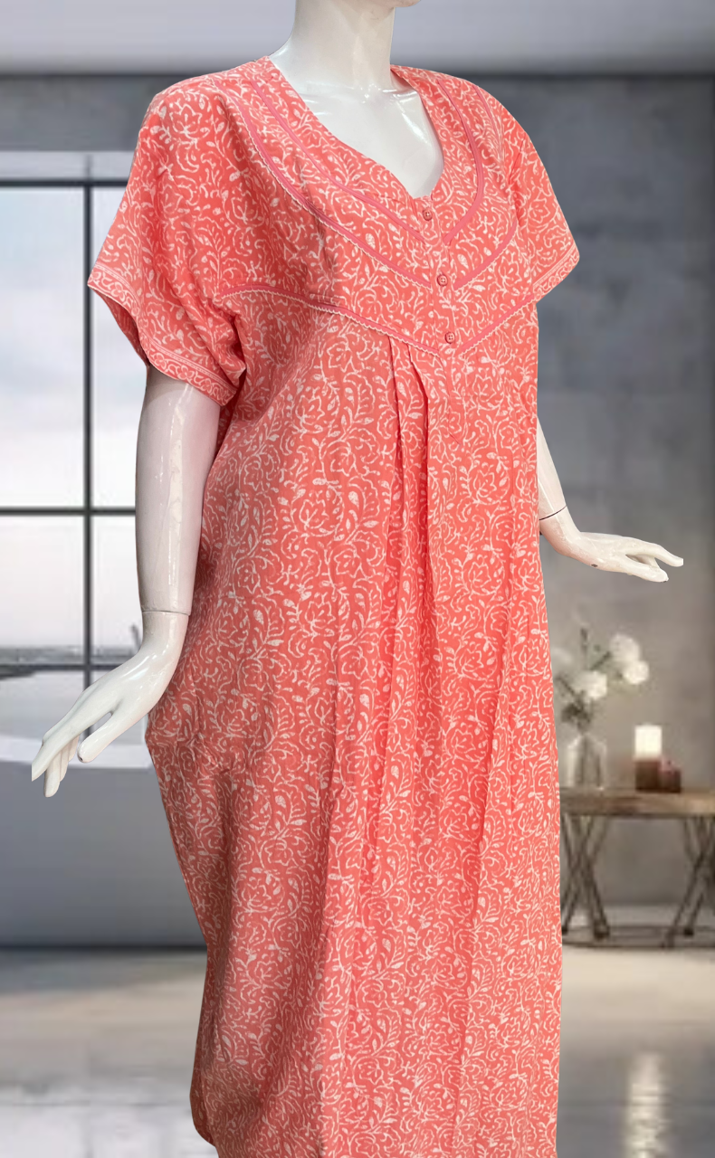 Peach Leafy Pure Cotton Nighty. Pure Durable Cotton | Laces and Frills