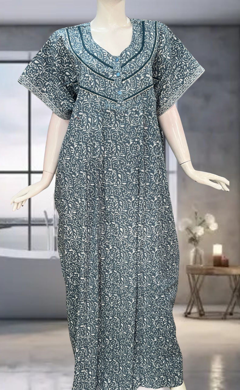 Grey Leafy Pure Cotton Nighty. Pure Durable Cotton | Laces and Frills