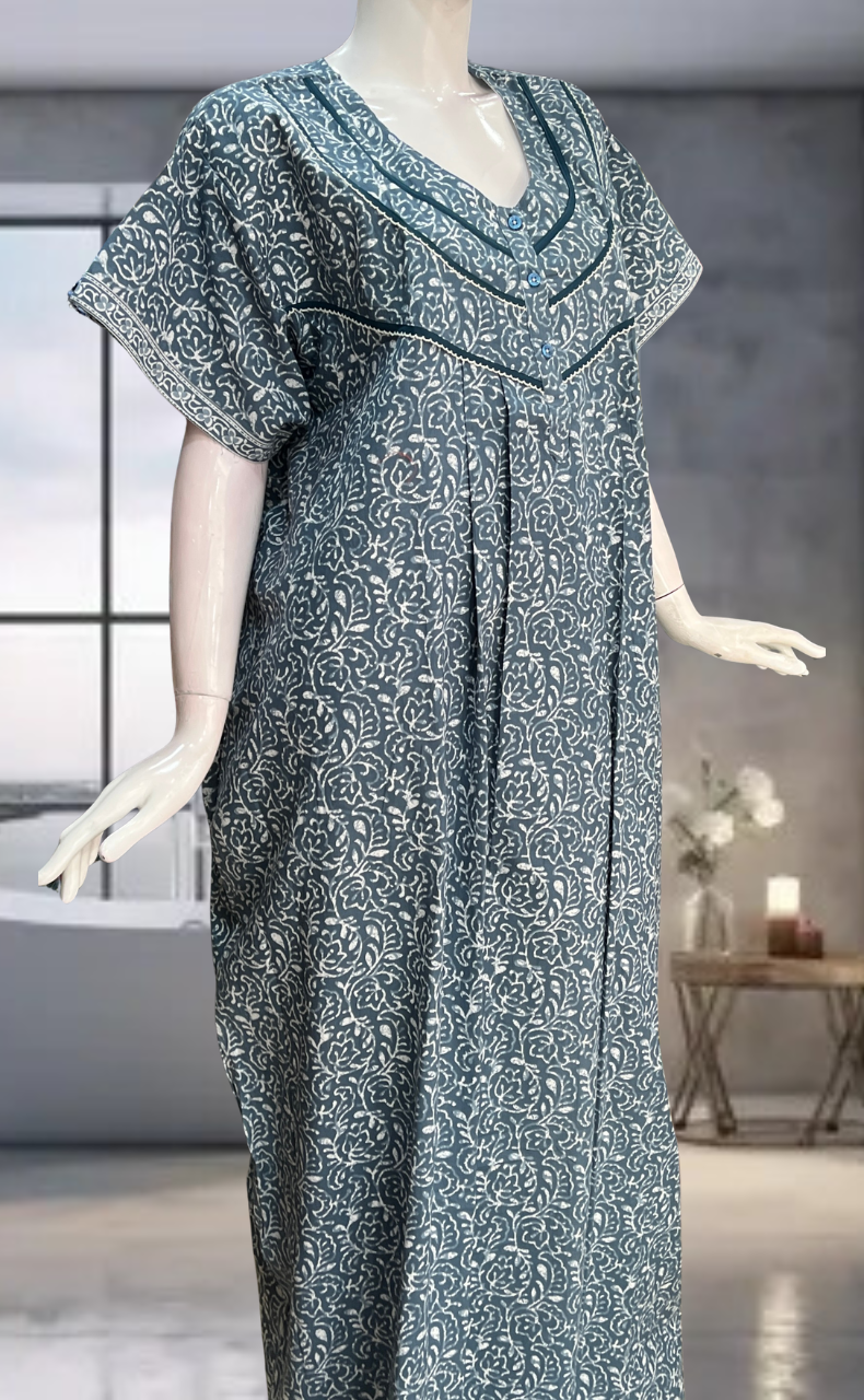 Grey Leafy Pure Cotton Nighty. Pure Durable Cotton | Laces and Frills