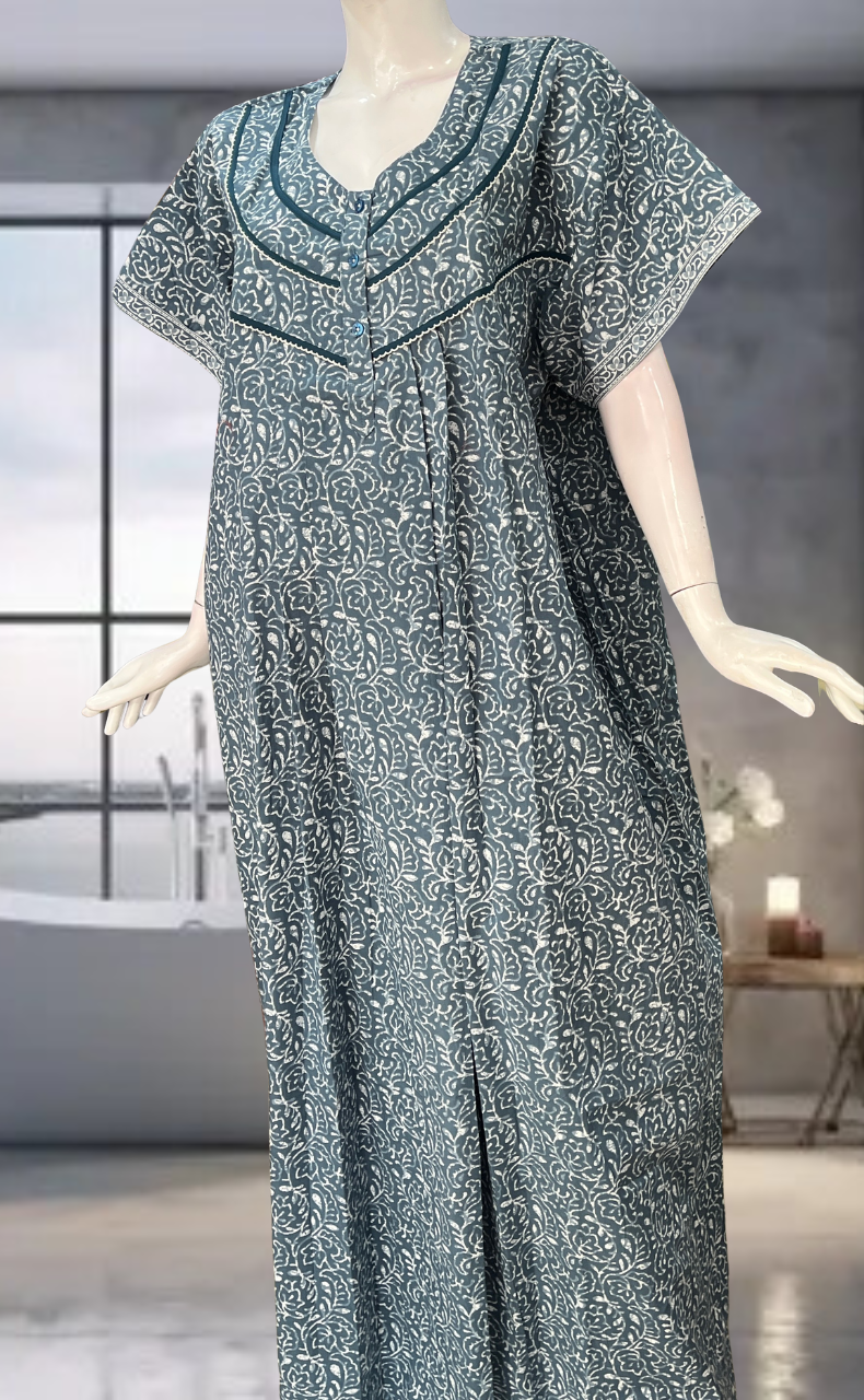 Grey Leafy Pure Cotton Nighty. Pure Durable Cotton | Laces and Frills