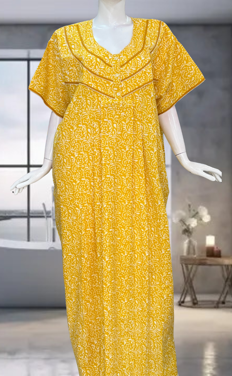 Yellow Leafy Pure Cotton Nighty. Pure Durable Cotton | Laces and Frills