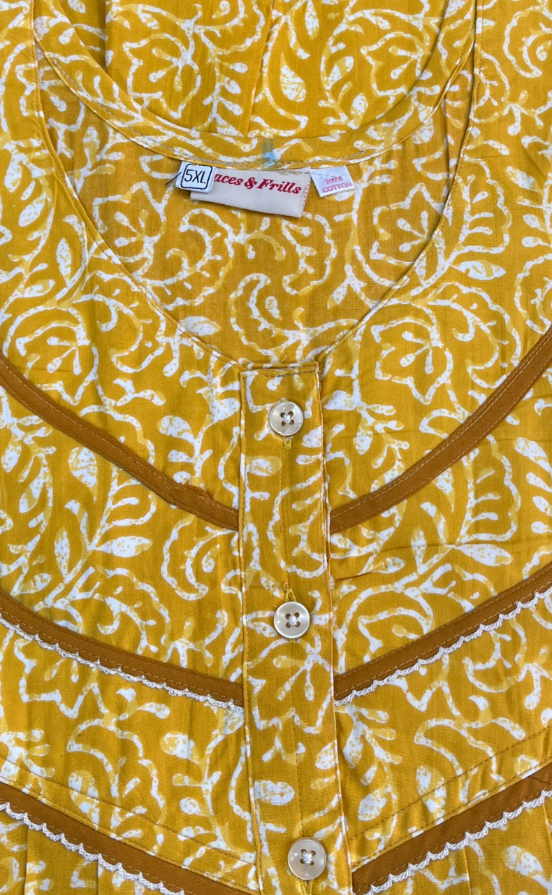 Yellow Leafy Pure Cotton Nighty. Pure Durable Cotton | Laces and Frills