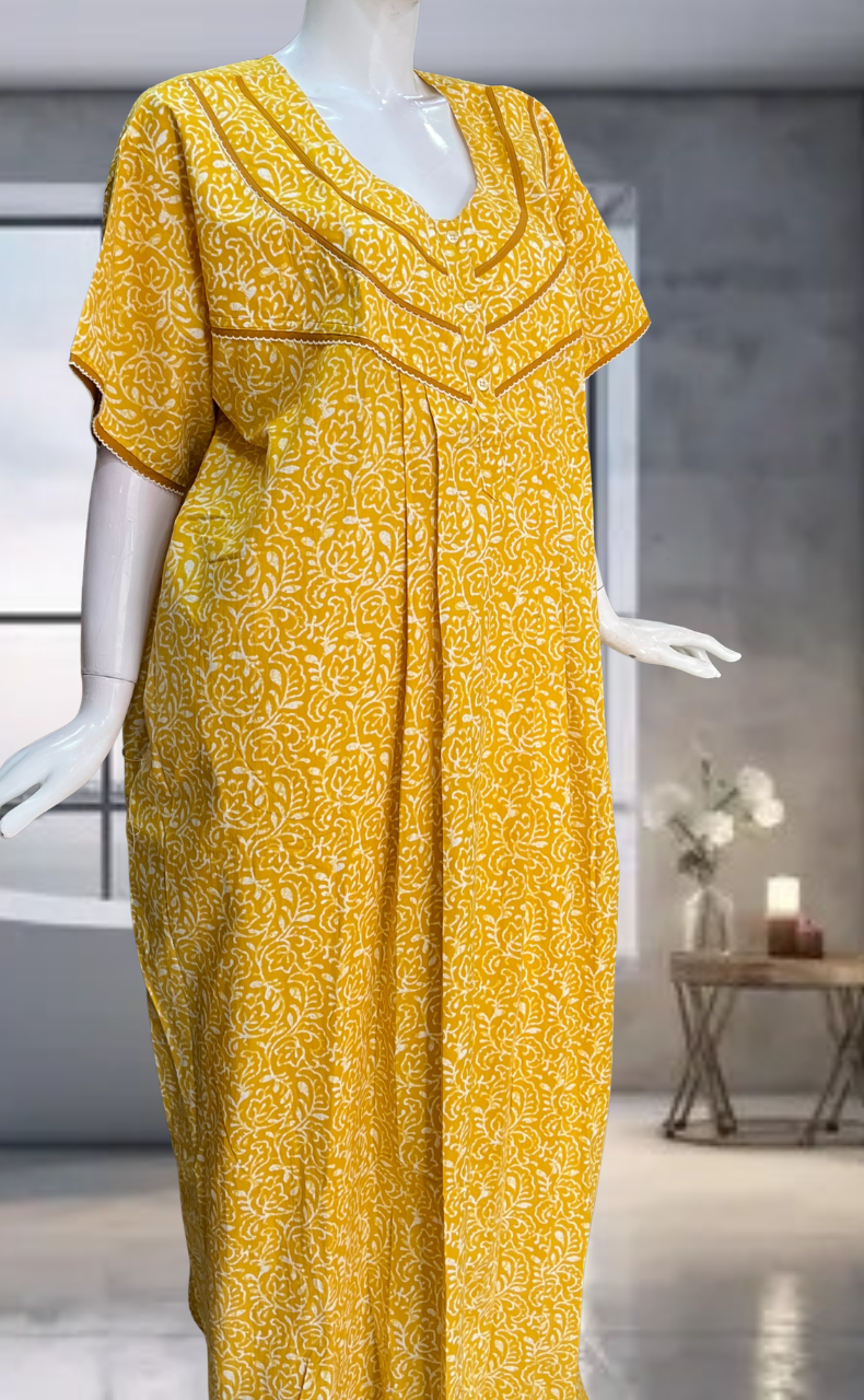 Yellow Leafy Pure Cotton Nighty. Pure Durable Cotton | Laces and Frills