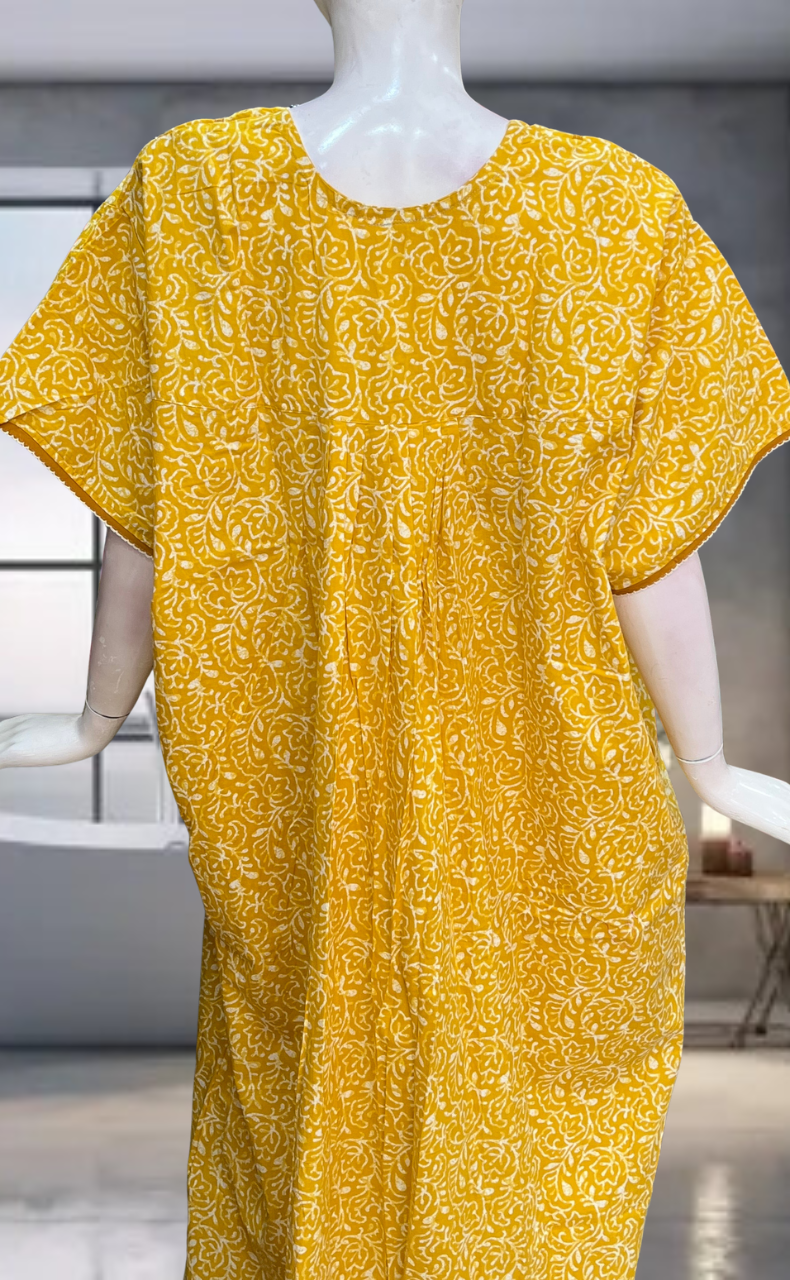Yellow Leafy Pure Cotton Nighty. Pure Durable Cotton | Laces and Frills