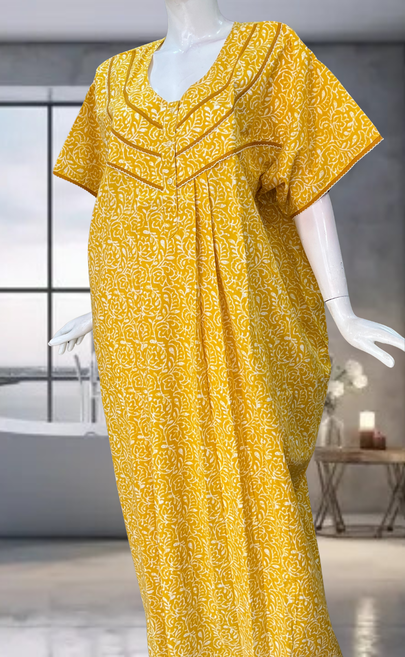 Yellow Leafy Pure Cotton Nighty. Pure Durable Cotton | Laces and Frills