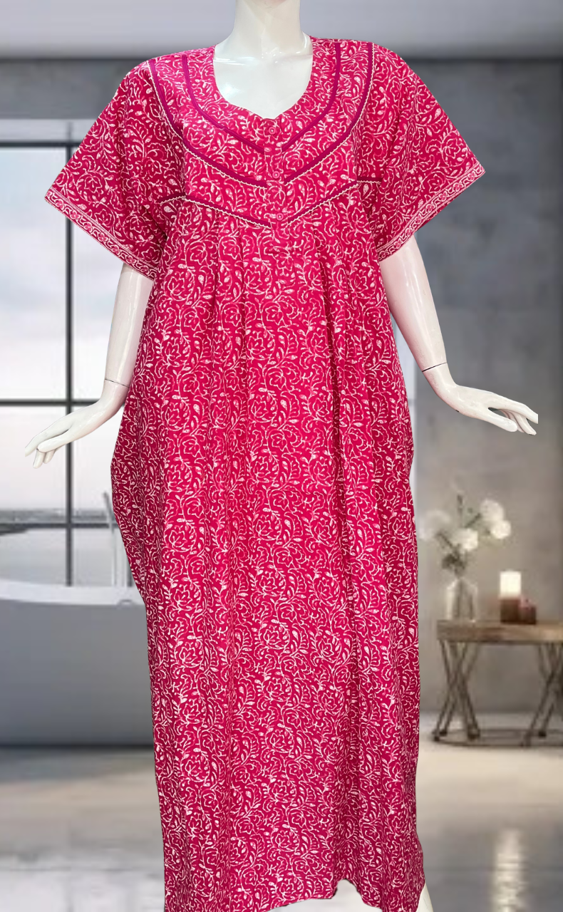 Pink Leafy Pure Cotton Nighty. Pure Durable Cotton | Laces and Frills