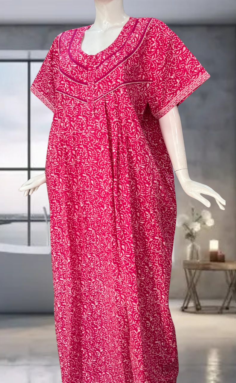 Pink Leafy Pure Cotton Nighty. Pure Durable Cotton | Laces and Frills