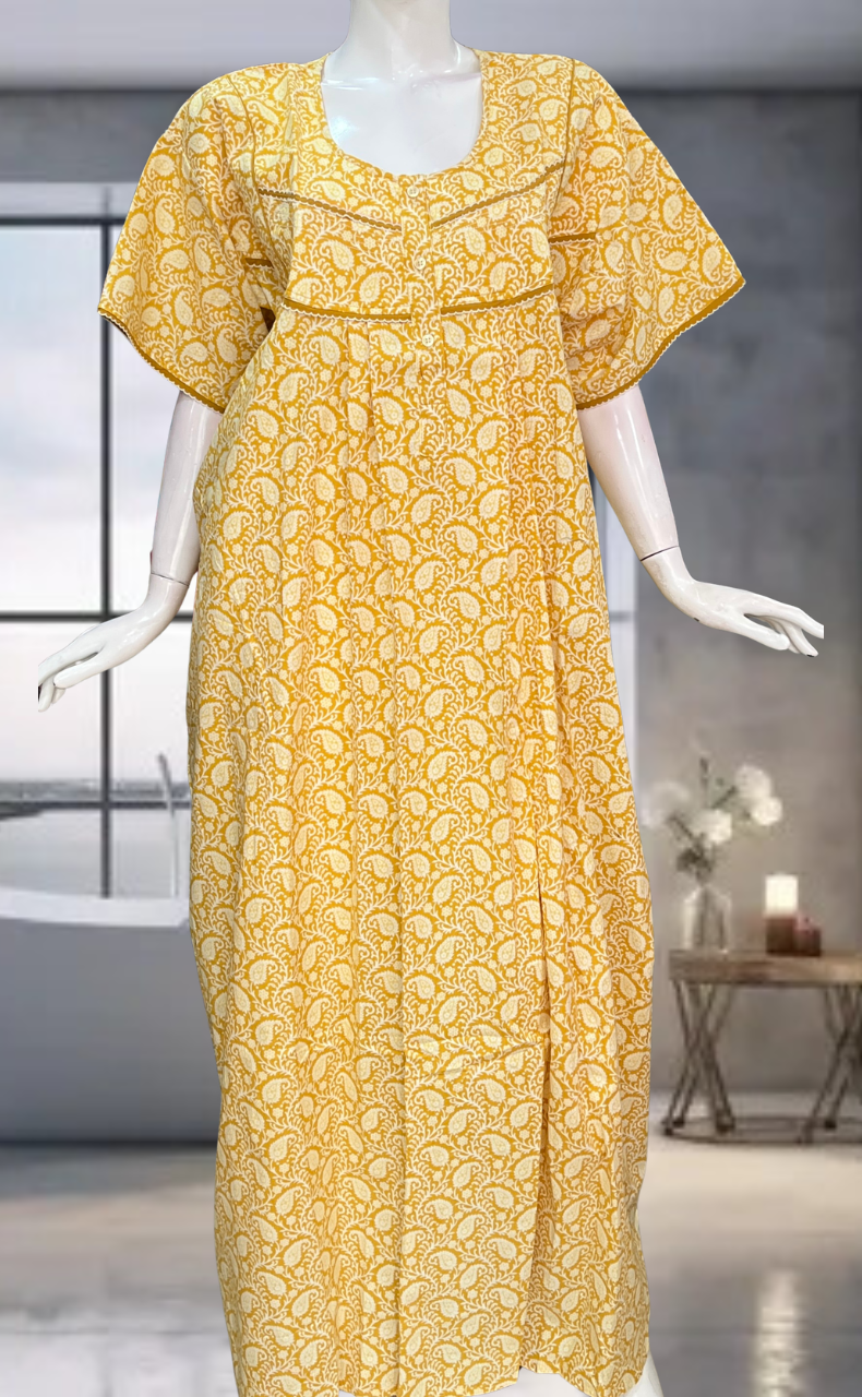 Yellow Paisley Print Pure Cotton Nighty. Pure Durable Cotton | Laces and Frills