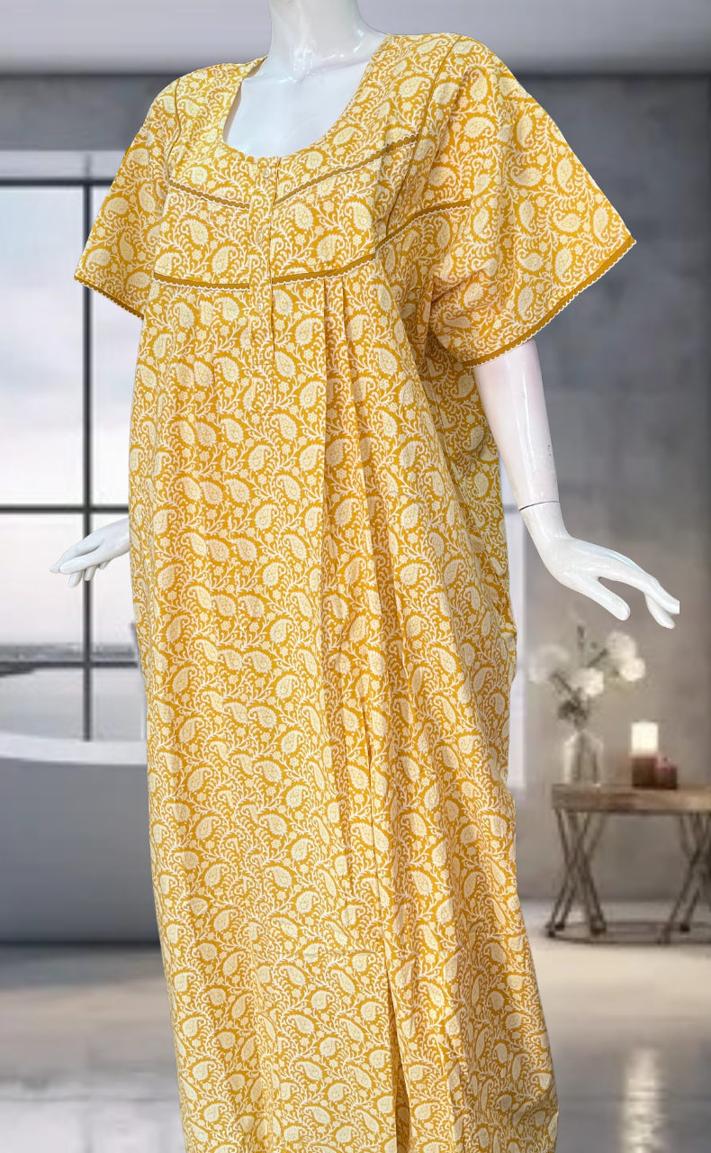 Yellow Paisley Print Pure Cotton Nighty. Pure Durable Cotton | Laces and Frills