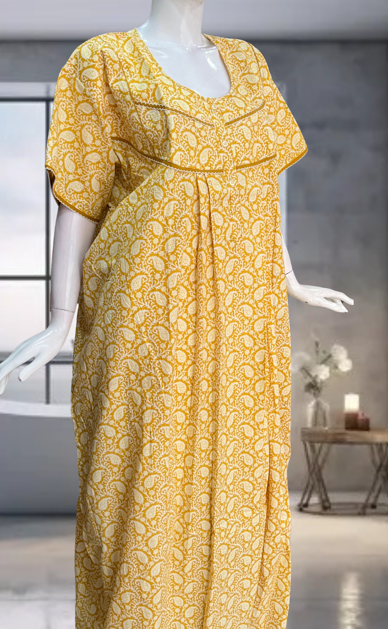 Yellow Paisley Print Pure Cotton Nighty. Pure Durable Cotton | Laces and Frills