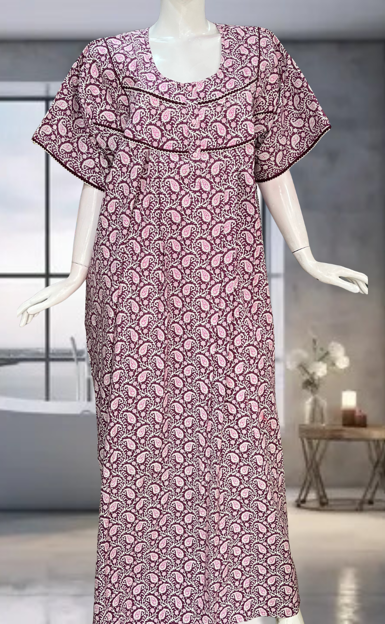 Wine Colour Paisley Print Pure Cotton Nighty. Pure Durable Cotton | Laces and Frills