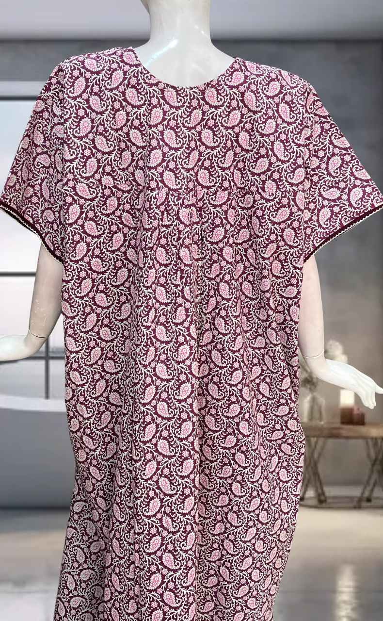 Wine Colour Paisley Print Pure Cotton Nighty. Pure Durable Cotton | Laces and Frills
