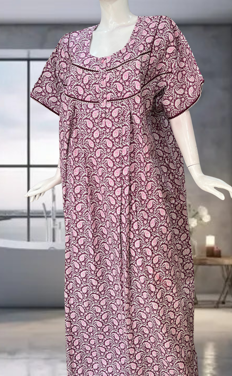 Wine Colour Paisley Print Pure Cotton Nighty. Pure Durable Cotton | Laces and Frills