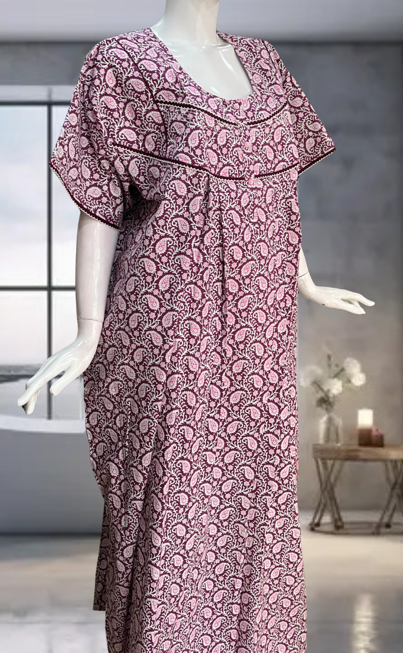 Wine Colour Paisley Print Pure Cotton Nighty. Pure Durable Cotton | Laces and Frills