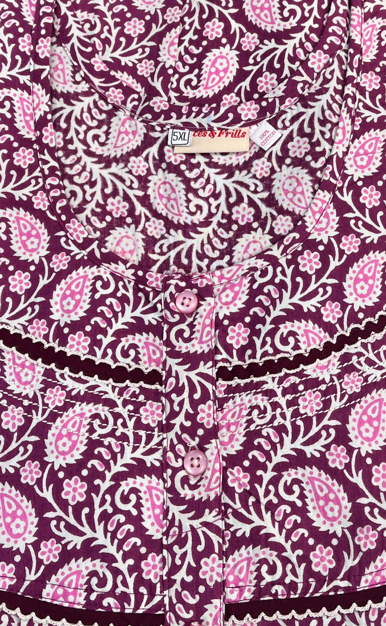 Wine Colour Paisley Print Pure Cotton Nighty. Pure Durable Cotton | Laces and Frills