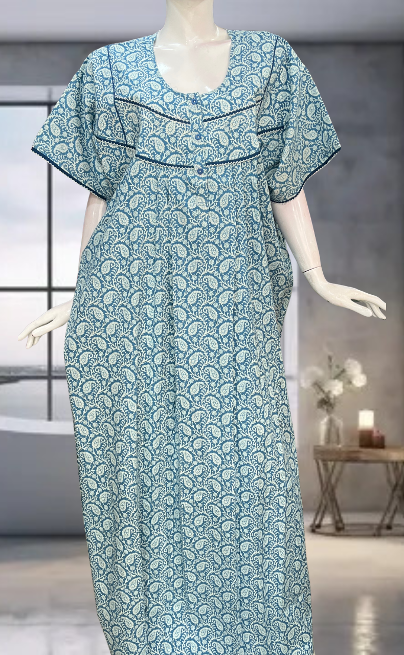 Light Blue Paisley Print Pure Cotton Nighty. Pure Durable Cotton | Laces and Frills