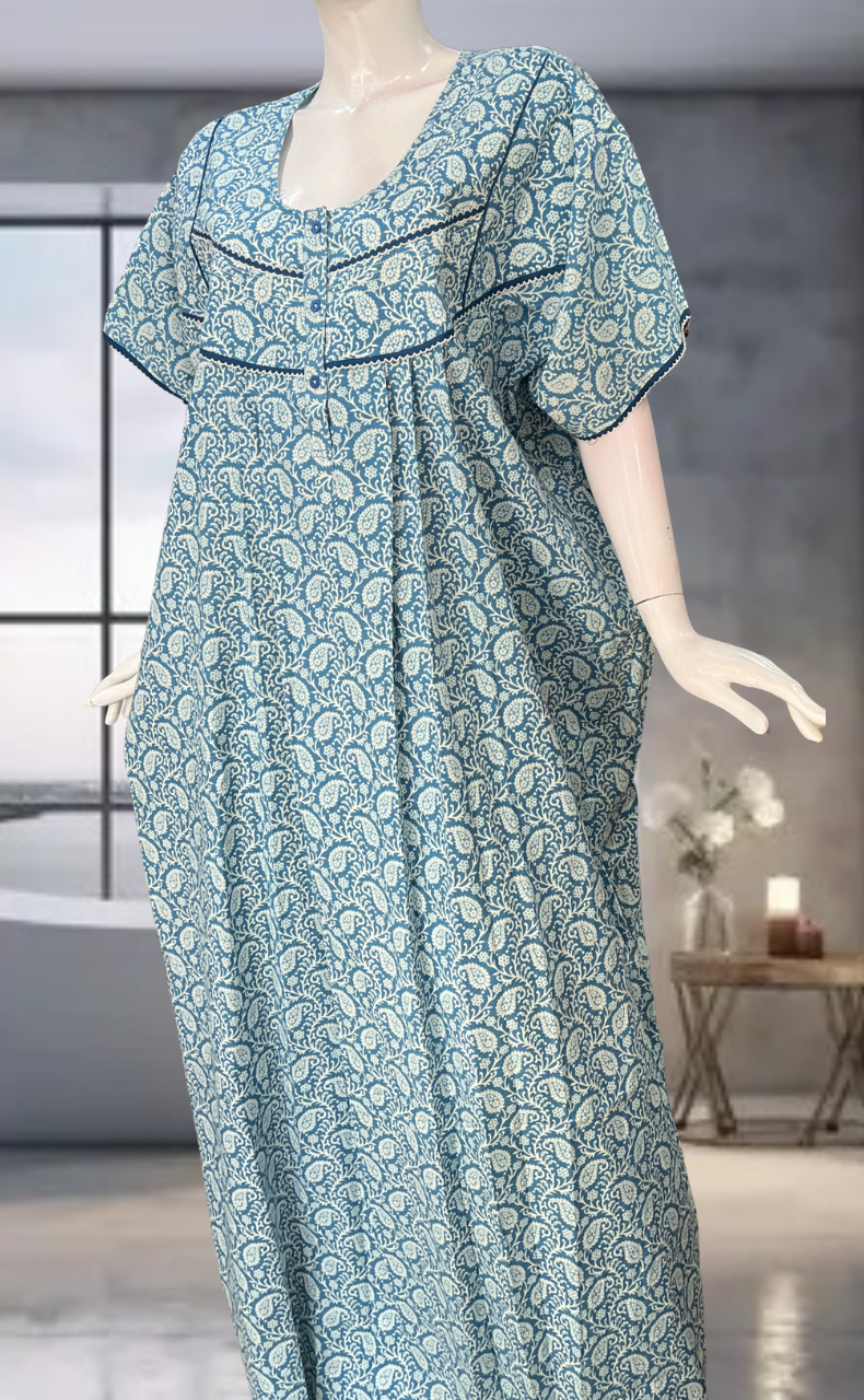 Light Blue Paisley Print Pure Cotton Nighty. Pure Durable Cotton | Laces and Frills
