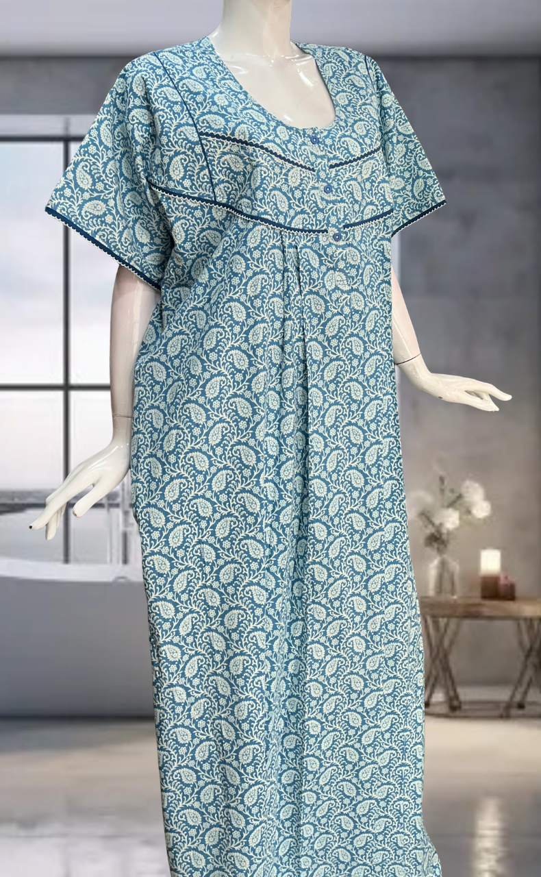 Light Blue Paisley Print Pure Cotton Nighty. Pure Durable Cotton | Laces and Frills
