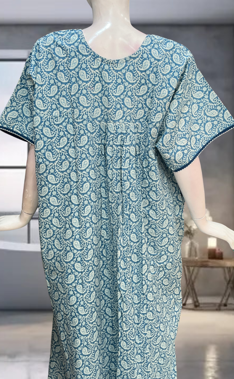 Light Blue Paisley Print Pure Cotton Nighty. Pure Durable Cotton | Laces and Frills