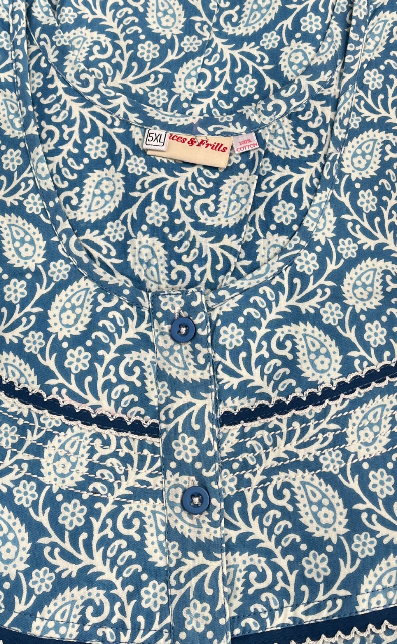 Light Blue Paisley Print Pure Cotton Nighty. Pure Durable Cotton | Laces and Frills