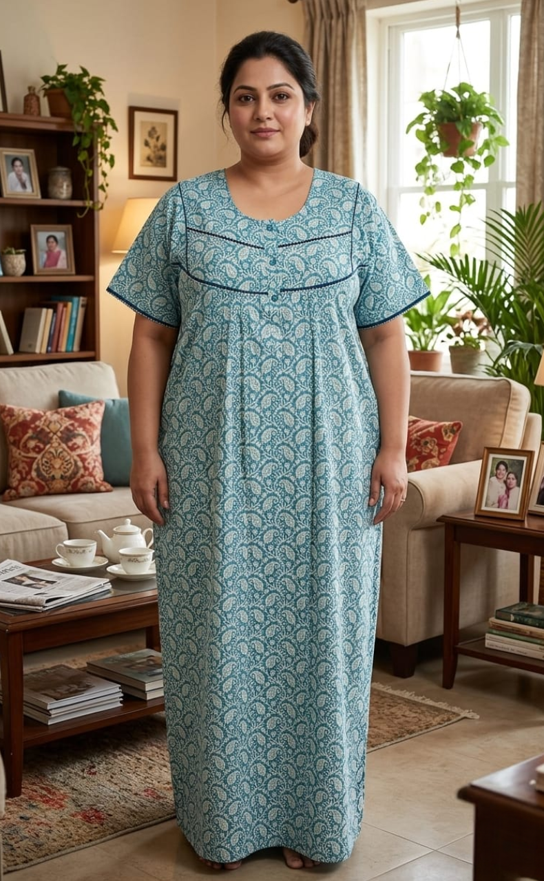 Light Blue Paisley Print Pure Cotton Nighty. Pure Durable Cotton | Laces and Frills