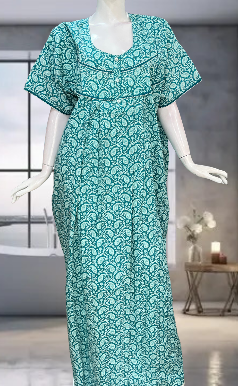 Sea Green Paisley Print Pure Cotton Nighty. Pure Durable Cotton | Laces and Frills