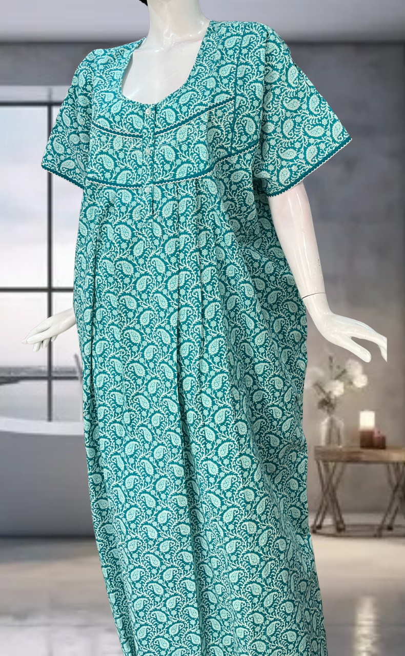 Sea Green Paisley Print Pure Cotton Nighty. Pure Durable Cotton | Laces and Frills