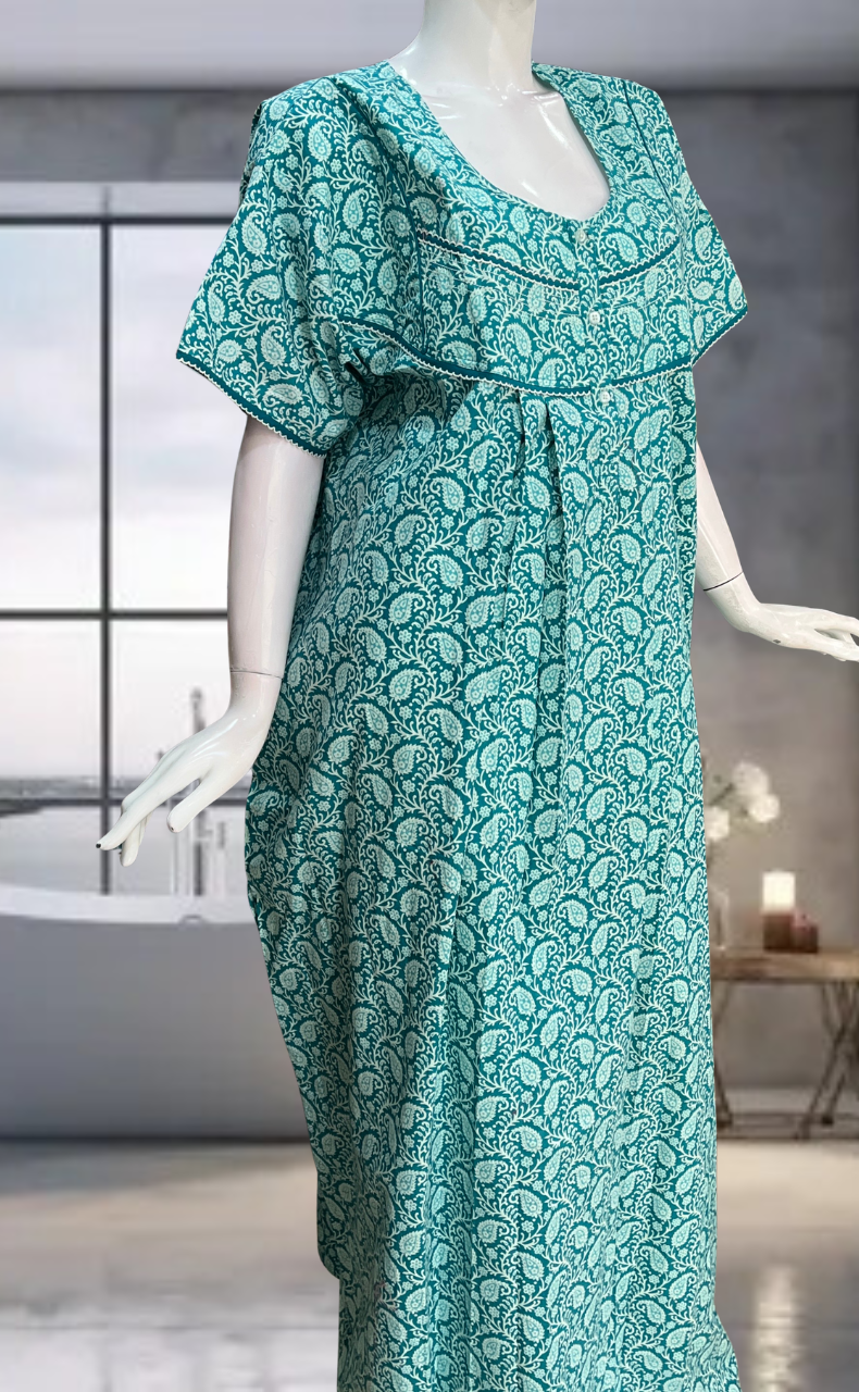 Sea Green Paisley Print Pure Cotton Nighty. Pure Durable Cotton | Laces and Frills