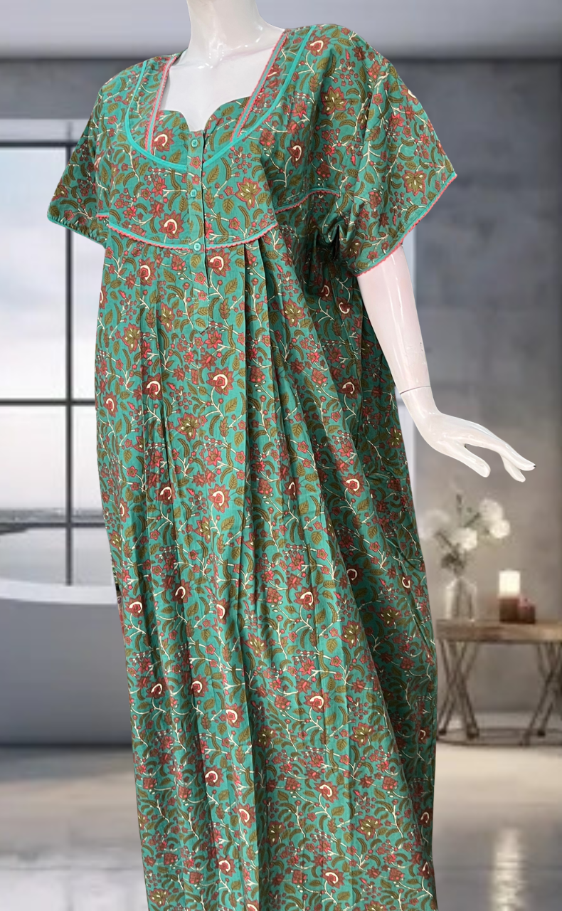 Green Garden Pure Cotton Nighty. Pure Durable Cotton | Laces and Frills
